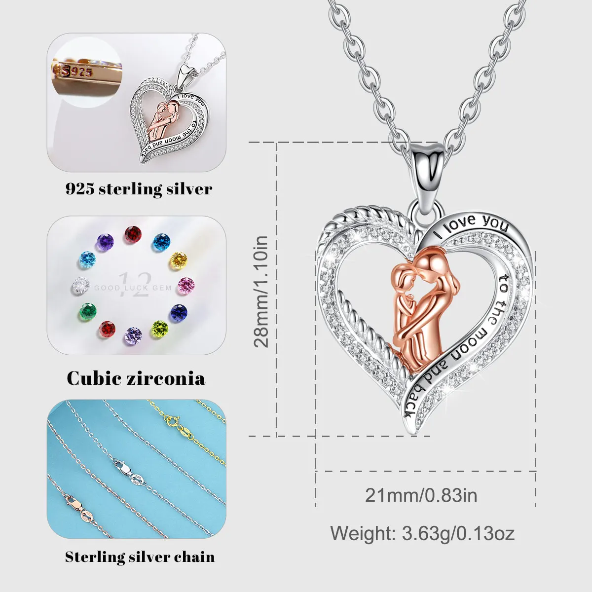 EUDORA 925 Sterling Silver Mother Baby Rose Gold Color Necklace Paved-Crystal Heart Pendant Fine Jewelry for Mother's Day gift