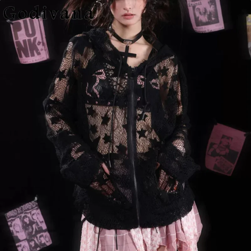 Summer Personalized New Gauze Long Sleeve Hollow Out Hooded Sweatershirt Fashion Black Loose Versatile Zipper Cardigan Jacket