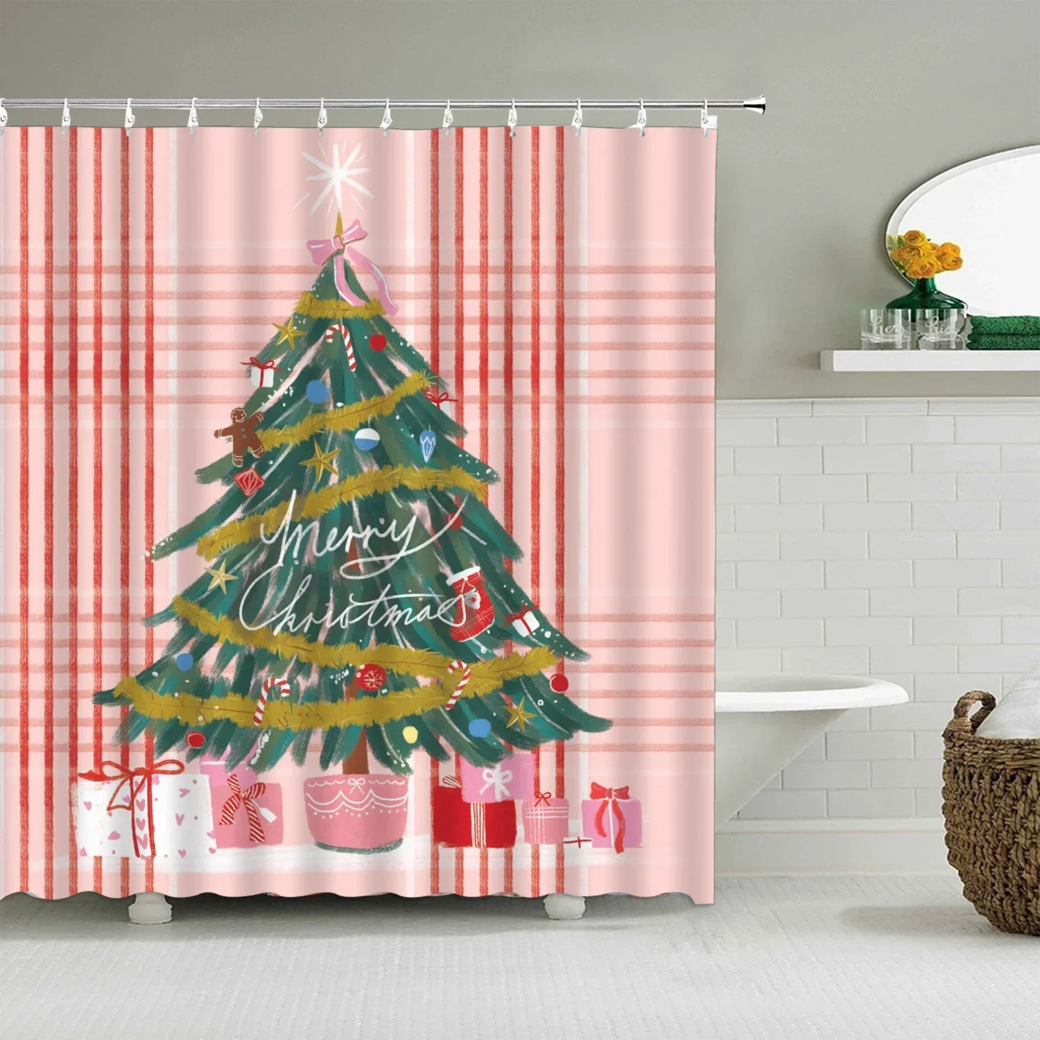 Christmas Shower Curtain Winter Snowman Gnome Christmas Tree Elk Cartoon Colorful Christmas Balls Dinosaur Bathroom Decoration