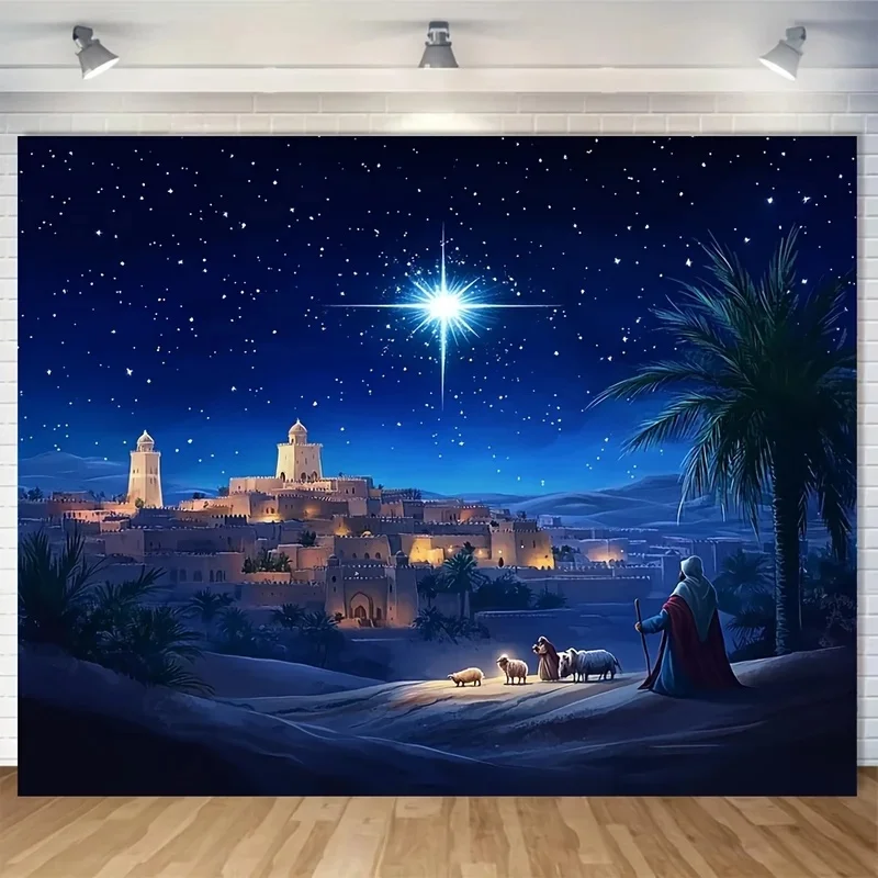 VIKAMA Religious Christmas Tapestry Bright Star Desert City Palm Tree Wall Hanging Home Bedroom Festival Wall Art Decor