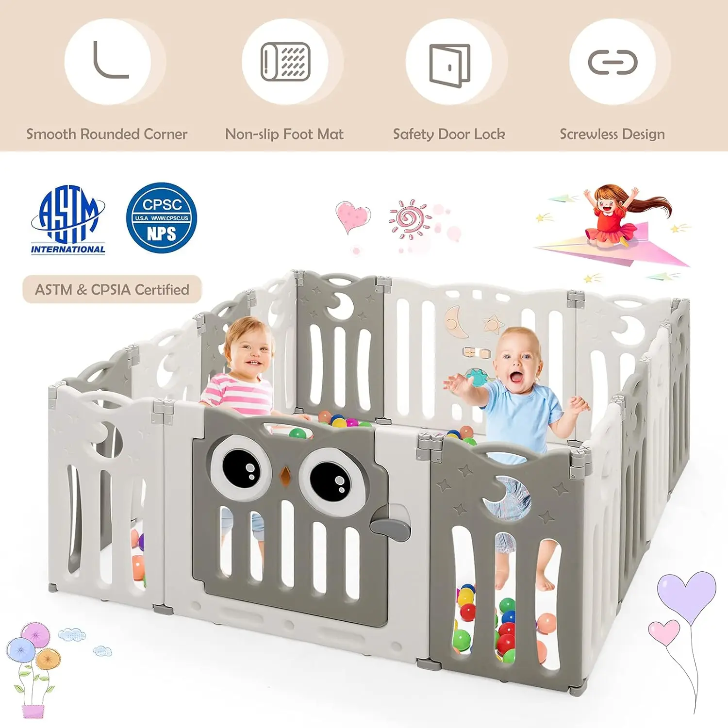 Cour de jeu pour bébé, centre d'activité pour parc pour bébé de Style hibou à 14/16 panneaux pour les tout-petits, base antidérapante et porte verrouillable