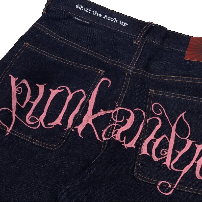 Y2K バギーパンツ ヴィンテージレザータグ ピンク STFU文字刺繍 ヒップホップ ワイドレッグパンツ ゴシック ハイストリート 原宿系 ユニセックスジーンズ