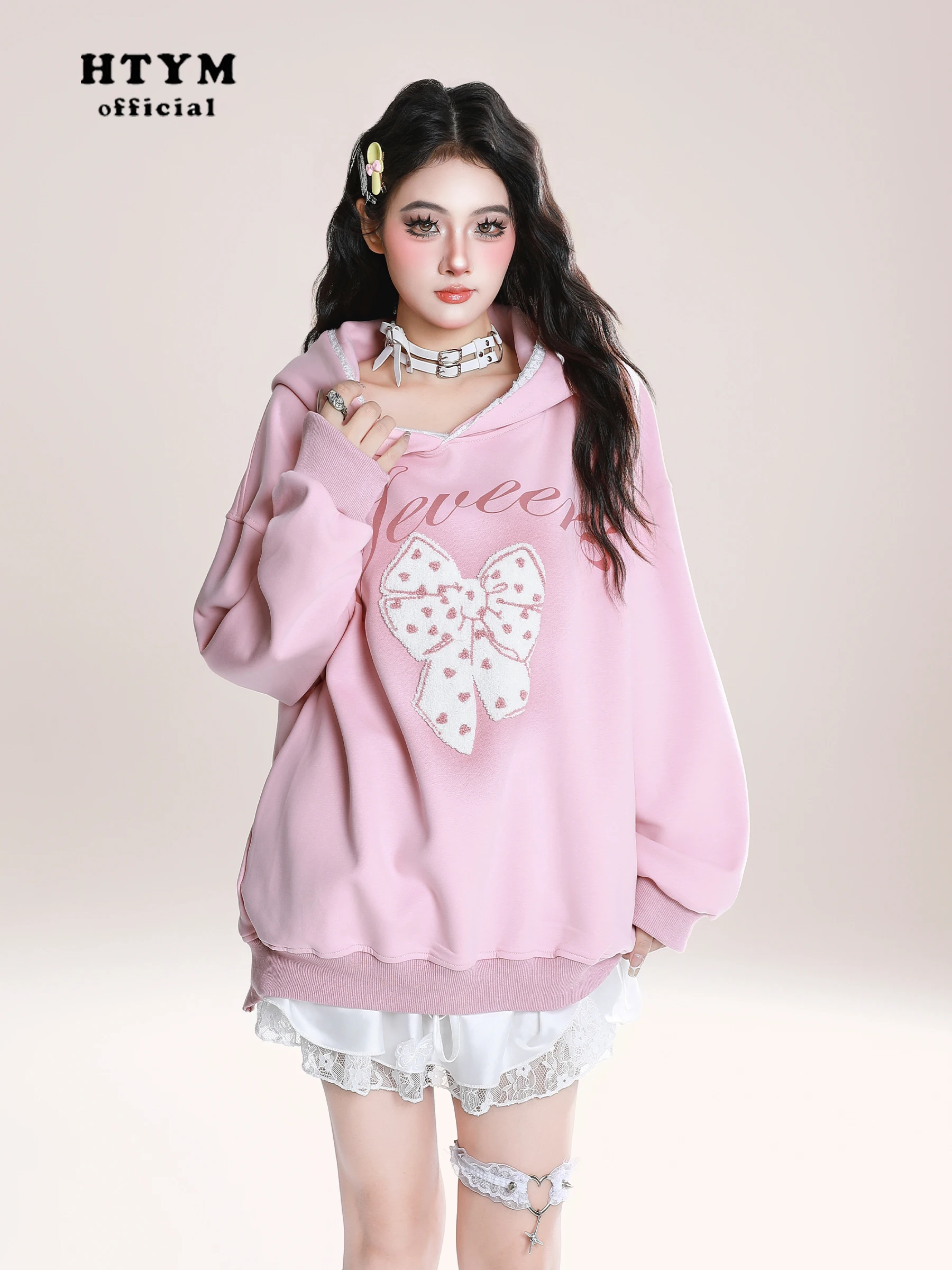 American Retro Fashion Sweet Cool Girl Flocked Bow Lace Hoodies Loose Lazy Casual Versatile Long Sleeve Sweatshirts Women Autumn