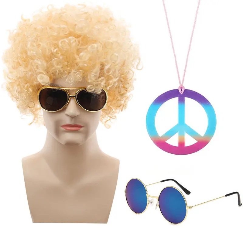 

Hot Punk Wig Halloween Cos Hippie Hip Hop Rock Wig Peace Necklace Exploding Head
