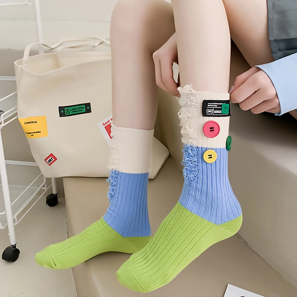 5 Pairs Women's Color Block Cotton Socks with Buttons Beggar Broken Hole Harajuku Socks Medium Tube Knitted Street Stocking