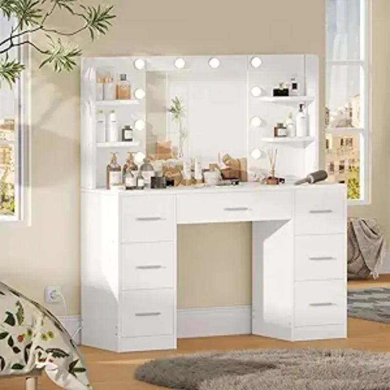 Makeup Vanity with 10 LED Lights&7 Metal Sliding Drawers Brightness Adjustable, Vanity Table with 6 Open Shelves,White