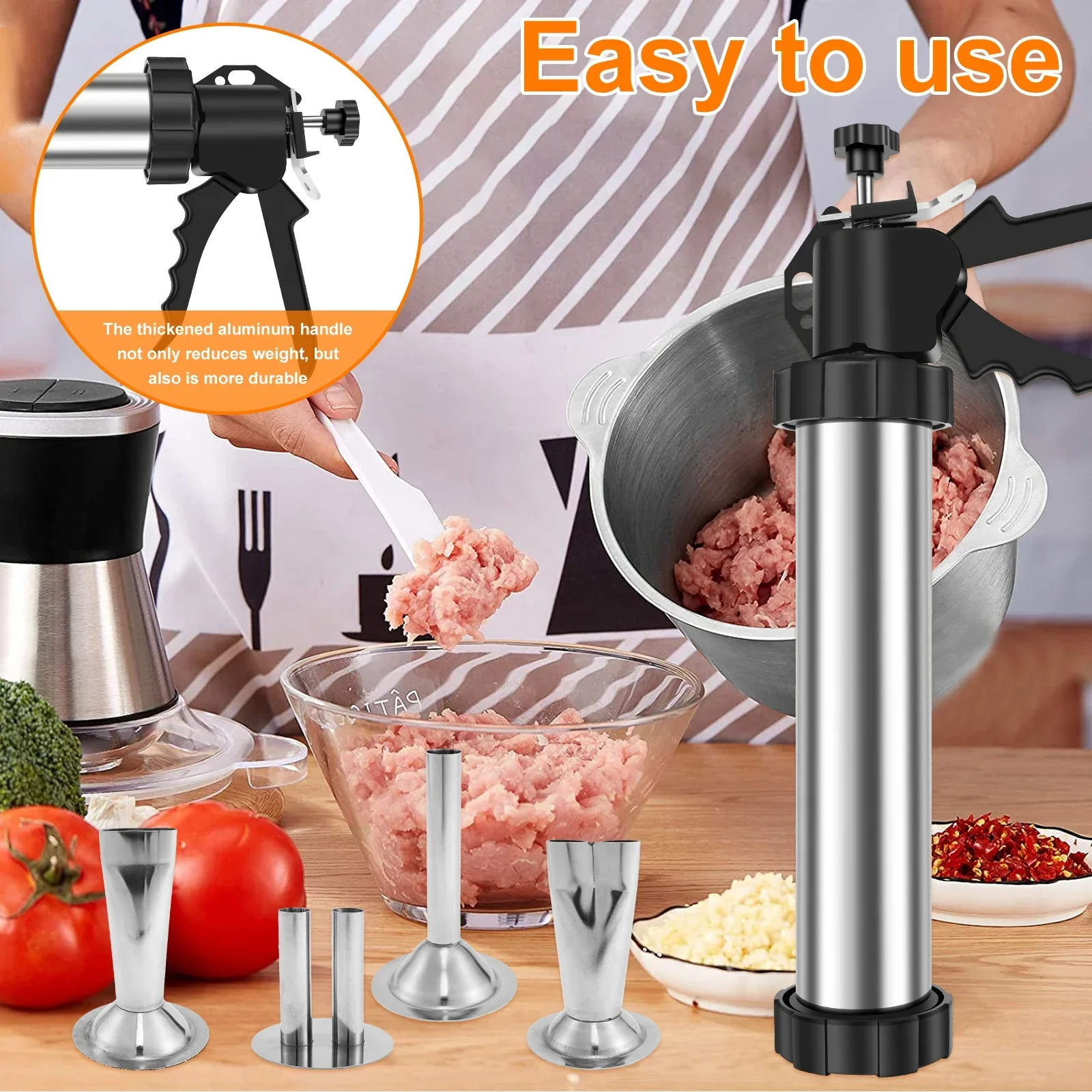 Stainless Steel Manaul Sausage Stuffer Jerky Gun Meat Syringe Home Made Homemade Sausage Tool for Home Kitchen Jerky Stuffer Kit