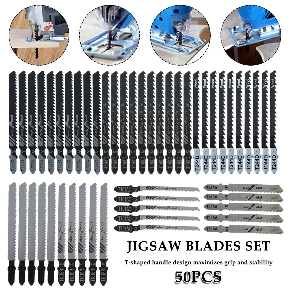 50 to 100pcs Jig Saw Blade Set High Carbon Steel Assorted Blades T-shank Fast Cut Down Jigsaw Blade Professional Jig Saw Cutter