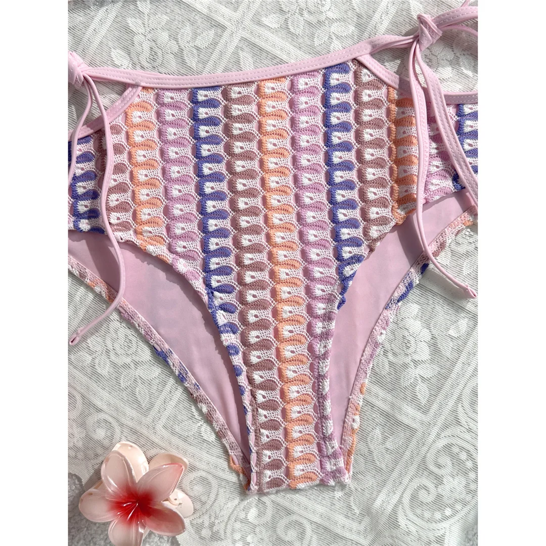 Neuer, farbenfroher Bikini mit Ausschnitten und Neckholder-Design, Damen-Badeanzug, zweiteiliges Bikini-Set, mittelhoher Bund, Badebekleidung, Badeanzug, Modell V8255. – Detail 7