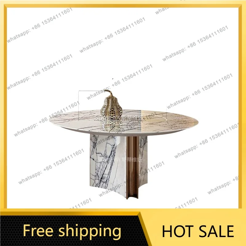 YJ Snow Plum Luxury Stone Round Dining Table Italian Minimalist Household Embedded Marble Turntable Modern Light Luxury Table
