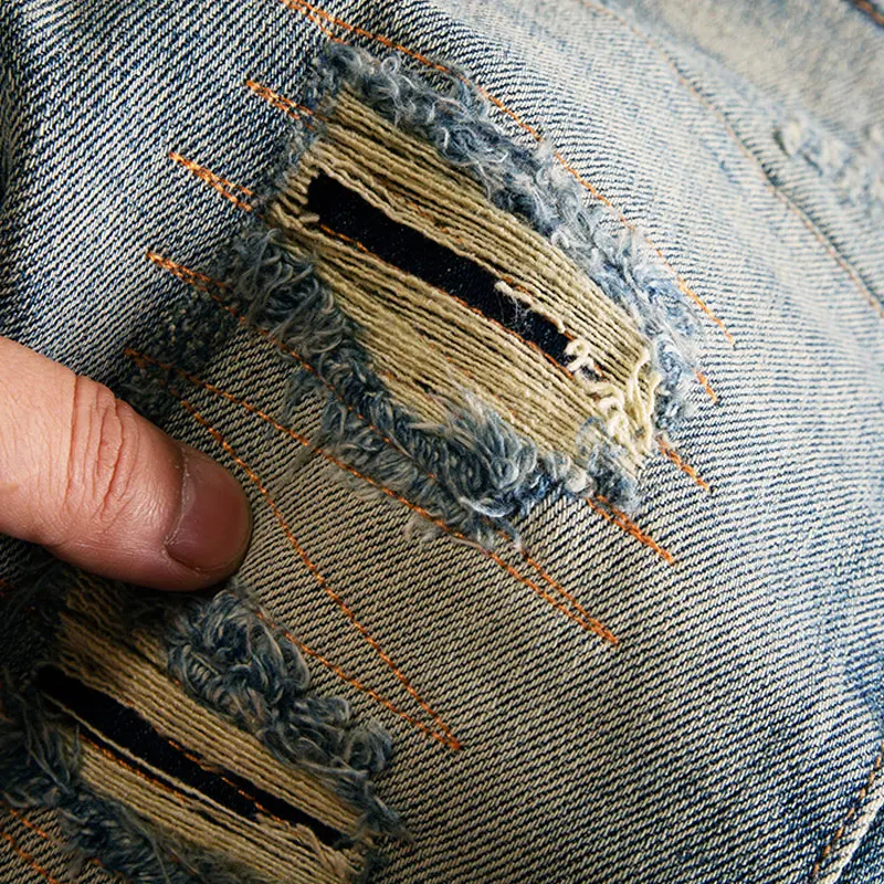 Pantalones vaqueros de diseñador callejero para hombre, Vaqueros rasgados con agujeros ajustados elásticos Retro Azul de alta calidad, pantalones vaqueros Vintage de Hip Hop para hombre