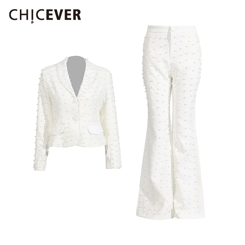 

CHICEVER Chic Two Piece Set for Women Lapel Long Sleeve Patchwork Beading Blazer High Waist Flare Trousers Suit Female Female
