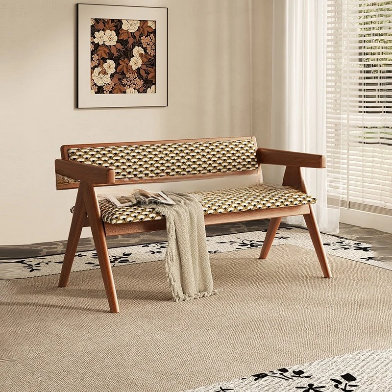 

Medieval solid wood bench designer home soft bag backrest bench French retro ash wood living room shoe changing stool
