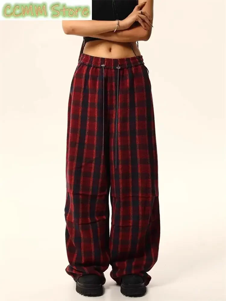 Women's Christmas Atmosphere Red Grid Drawstring High Waisted Pants Young Girl Straight Bottoms Female Wide Leg Thin Trousers
