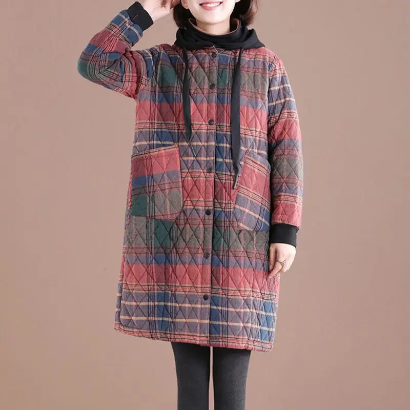 

Winter Women Vintage Parkas Plaid Button Cotton Coats Hooded Pockets New Warm Female Clothes Korean Style Parkas Coats 2XL