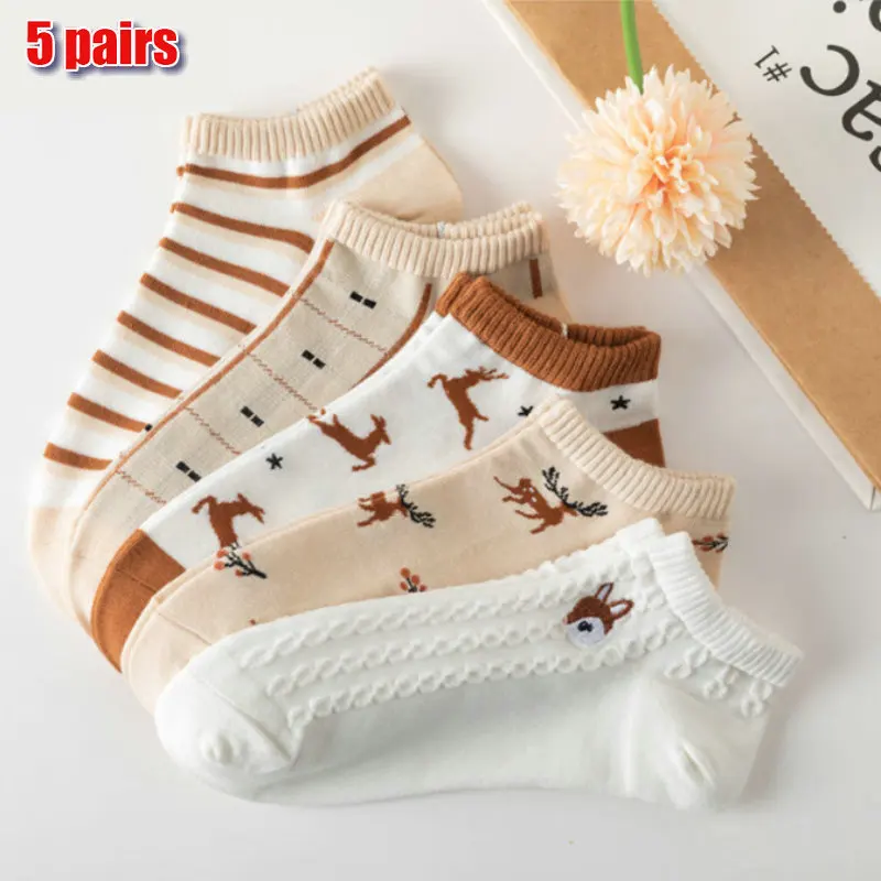 5 Pairs Ankle Low Cut Cute Femme Casual Sock Female Breathable Calcetines Mujer High Quality Summer New Cartoon Short Boat Socks