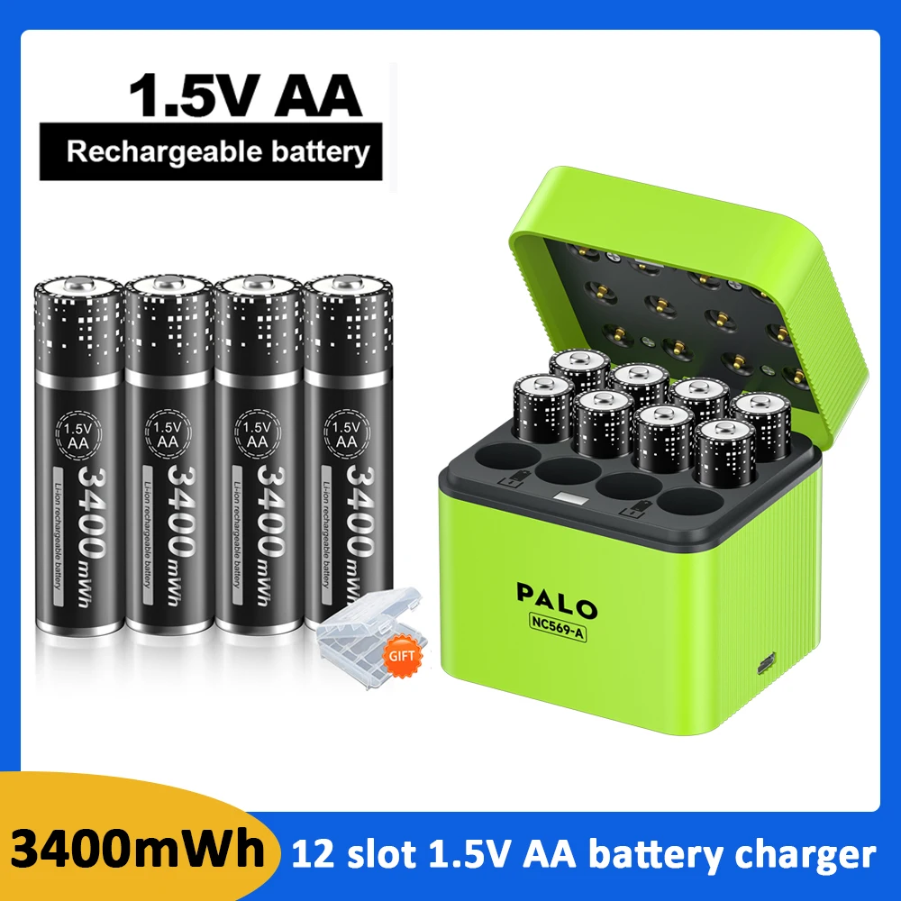 

PALO 4-16PCS AA 1.5V lithium ion AA Rechargeable Battery 3400mWh AA Lithium Batteries for Mouse toy With 12 Slots Battery Case