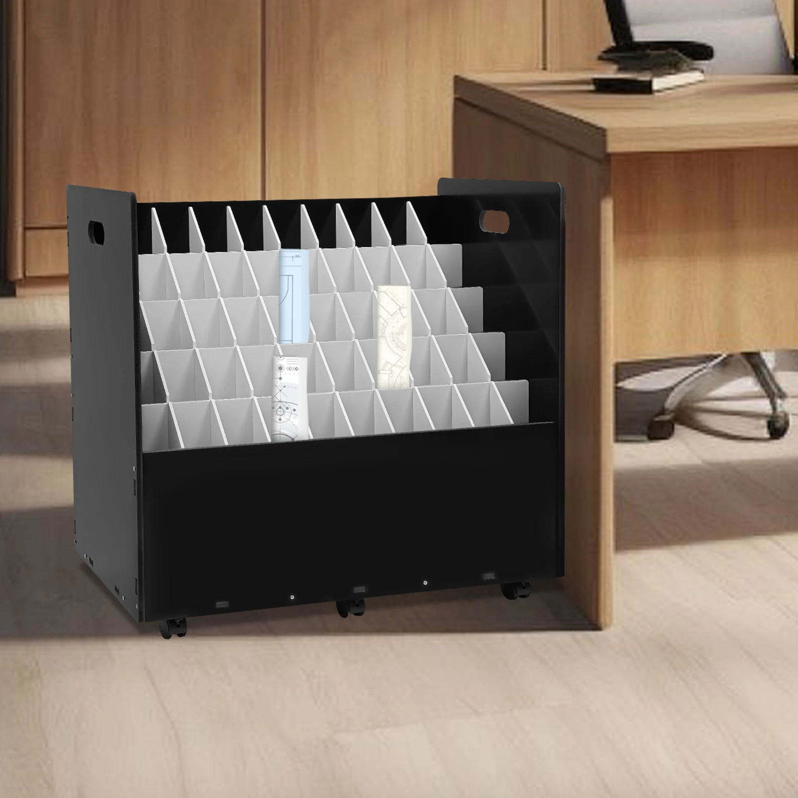 

50-Slot Blueprint File Organizer with Lockable Wheels, 5-Tier Rolling Storage Cart for Engineering Drawings, Office Documents