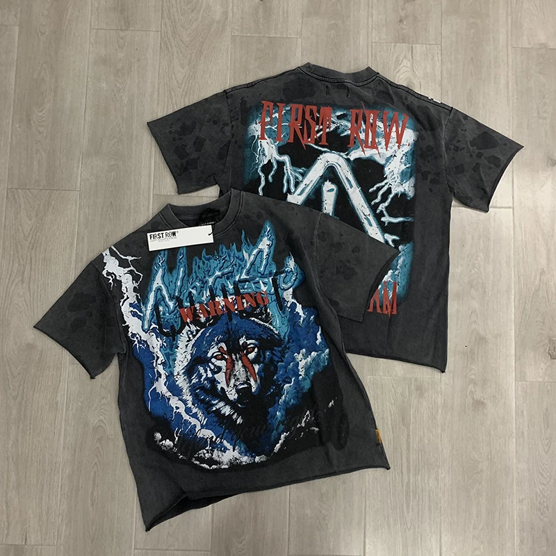 

26ss FIRST ROW T-Shirts Hot Drill Letters Mens High Quality Short Sleeves Black Washed American Streetwear Tee