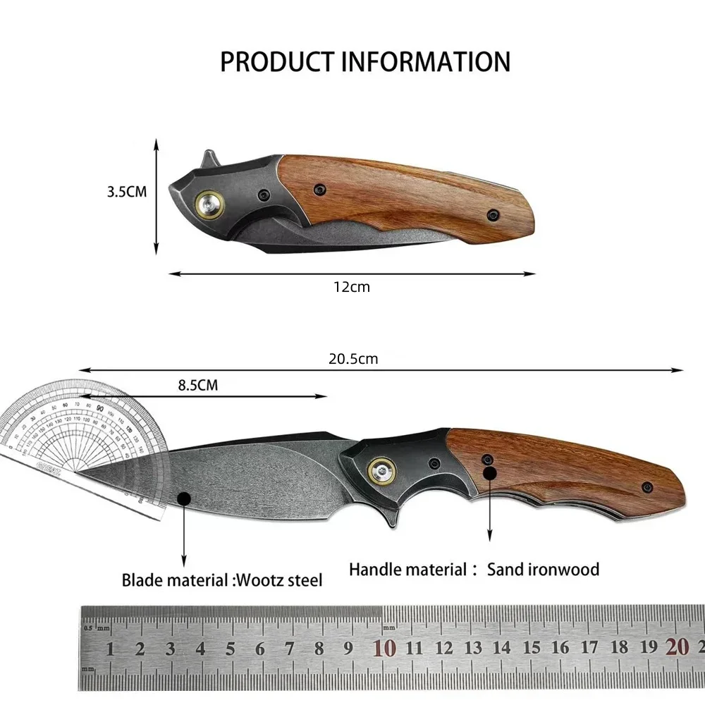 Folding Pocket Knife Uzbek Steel Blade Sandspit Wood Handle with PU Leather Sheath Outdoor Hunting Camping Hiking Tool