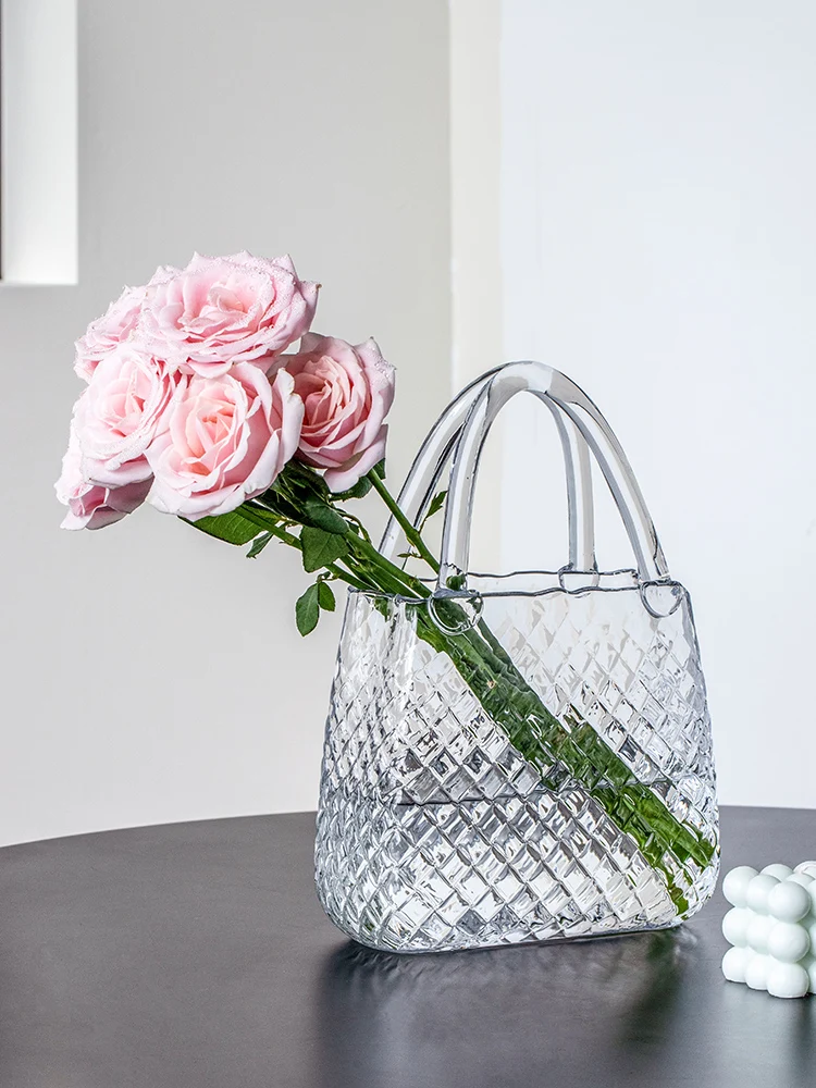 Crystal Handbag Flower Vase Home Decorative Accories Transparent Water Cultivated Roses Soft Home Decor Basket European St...