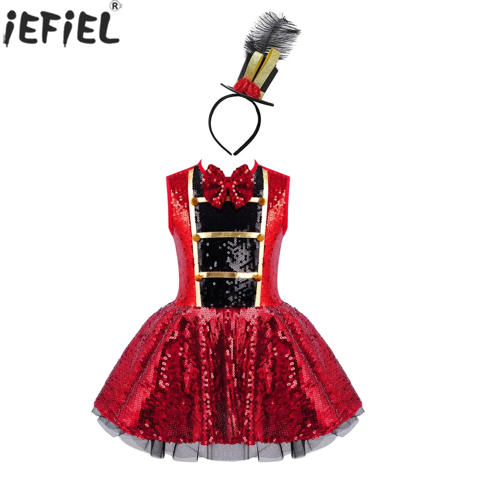 Girls Halloween Circus Ringmaster Cosplay Dress Latin Dance Rumba Samba Clothes Shiny Sequin Leotard Tutu for Carnival Party