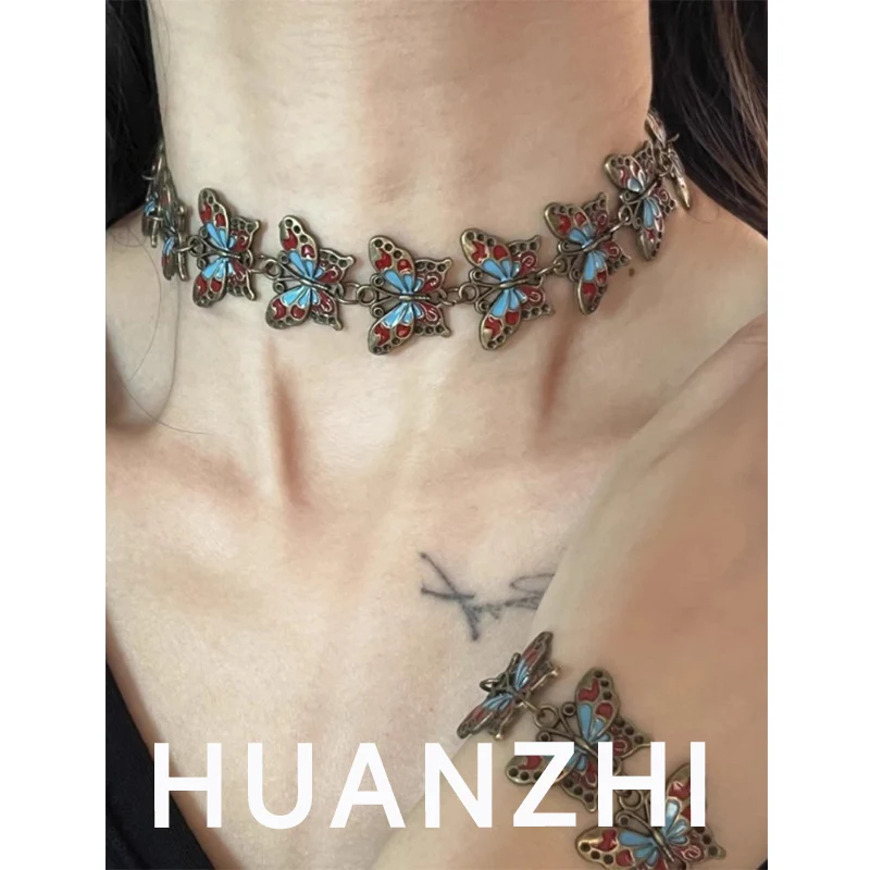 HUANZHI Colourful Metal Mechanical Butterfly Bracelet Necklace Choker Fashion Retro Gear Bracelet Steampunk Jewelry For Women