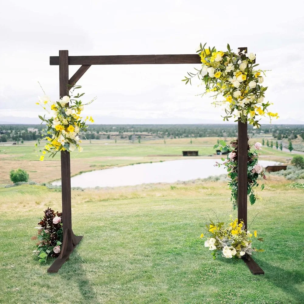 

7FT Rustic Square Wedding Arch Wooden Backdrop Stand, Wedding Ceremony Arch - Brown round backdrop stand wedding