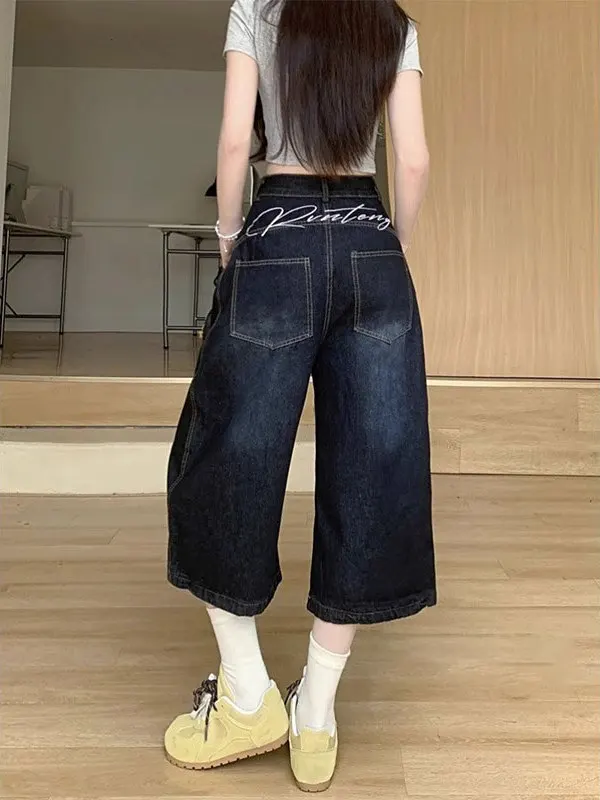 

Американские ретро-джинсы с вышивкой, широкие, с высокой талией, свободного прямого кроя, укороченные, женские, повседневные, из денима