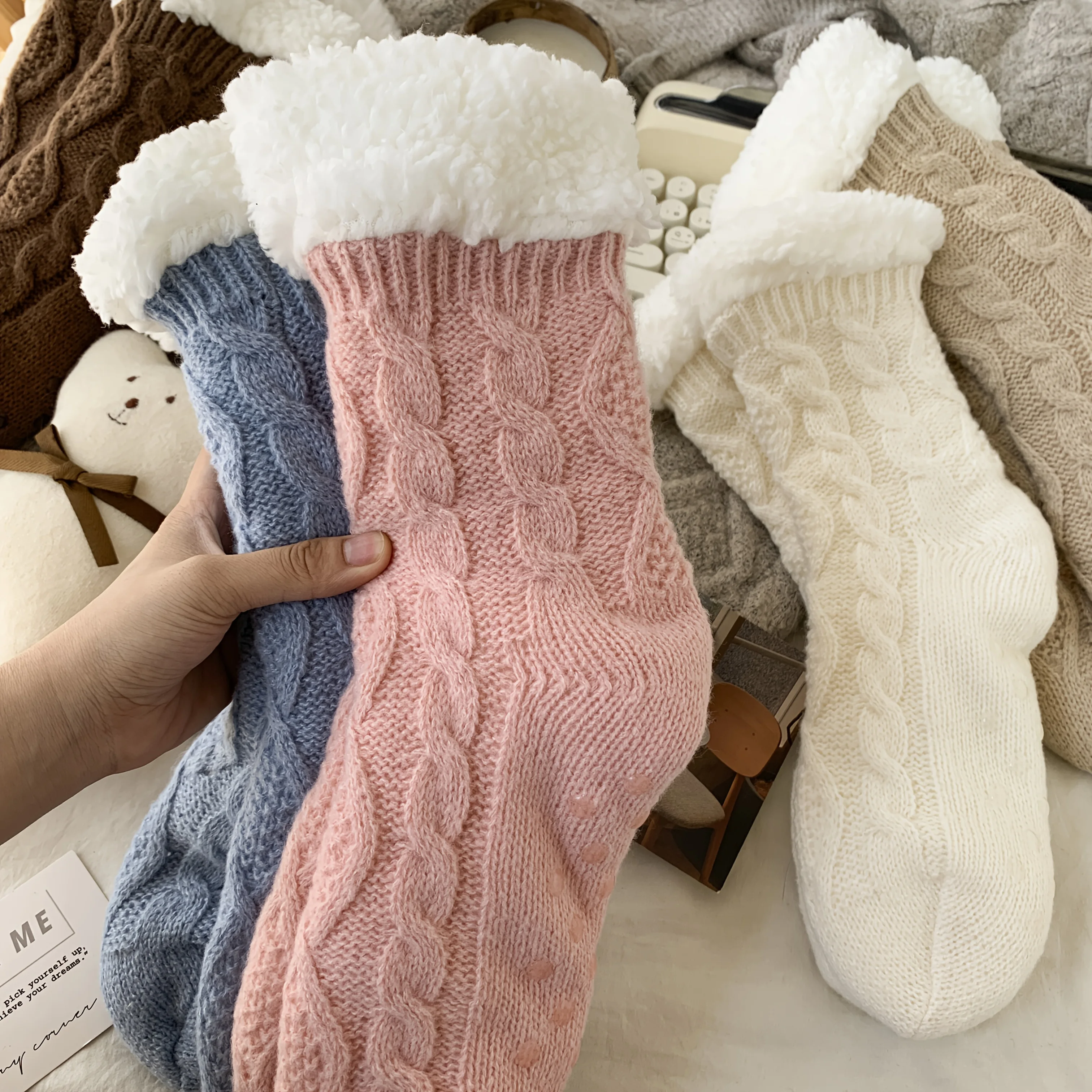 

3 pairs of twisted fancy thick elastic suede socks, winter thick warm home floor socks, warm feet, super thick women's socks