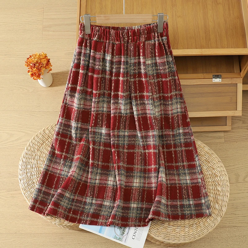 High Waist Plaid Woolen A-Line Skirt Women's plus Size Vintage Artistic Midi Skirt Comfortable Elastic Waist Commute Style