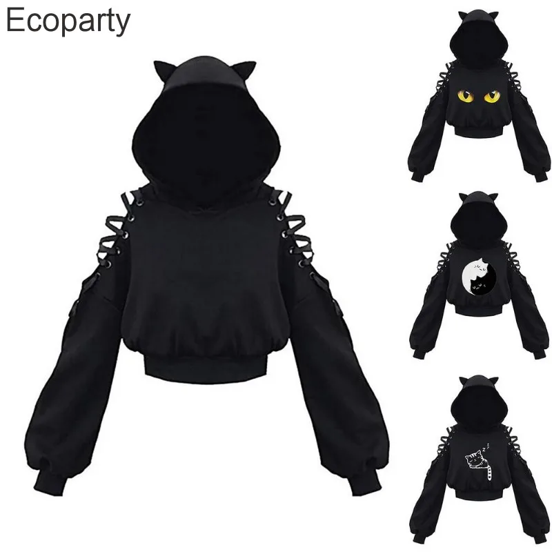 Harajuku Women Summer Top Long Sleeveless Cute Cat Ear Hooded Pullover Lace Up Sweatshirt Hollow Out Lace Up Hoodies Short Top