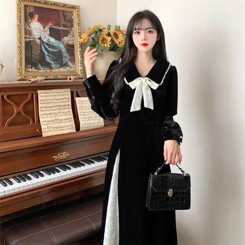 Long Sleeve Midi Dresses Women Bow Peter Pan Collar Patchwork Flattering Waist Fall Winter Retro Side-slit Elegant A-line Dress