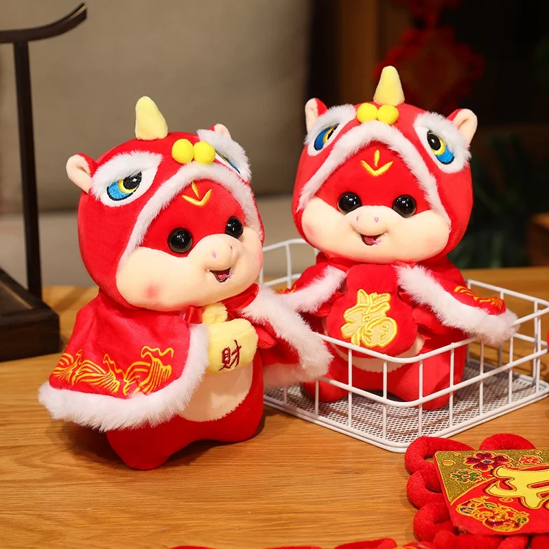 2025 Hot Sale Chinese New Year Mascot Cartoon Snake Plush Doll Wearing Lion Dance Cape Cute Toys For Kids Festive Home Decor