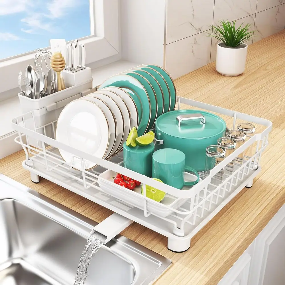 

Space Saving Dish Rack - Dish Racks or Kitchen Counter with Drainboard, Dish Drainer with Removable Utensil Holder, White