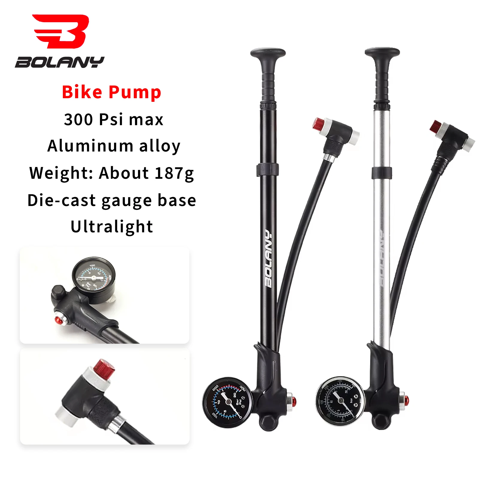 Bolany 300Psi Aluminum Alloy MTB Bicycle Hand Air Pump Bike Pump Mini Hose Posterior Bile Duct Tire Inflator Valve  Piezometer