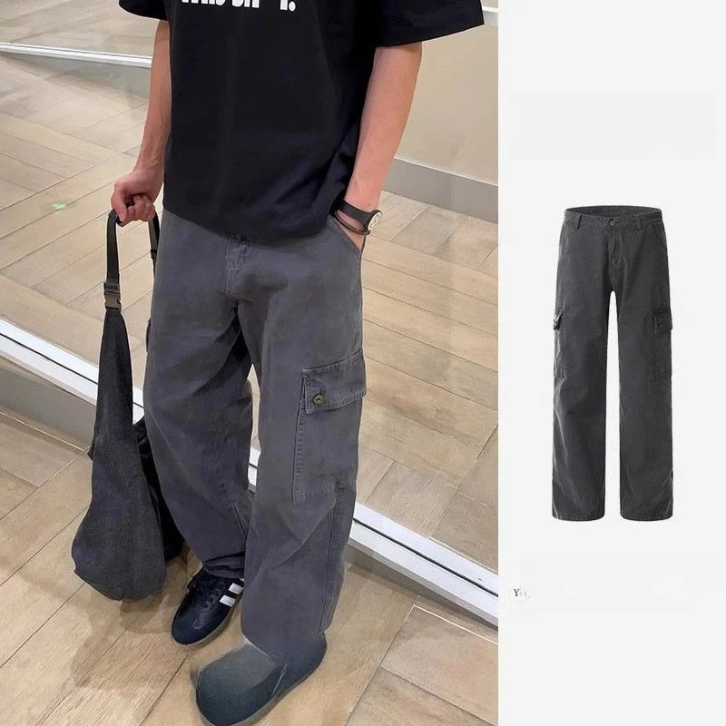 

Повседневные брюки-карго с карманами в американском стиле в стиле ретро, свободные и универсальные потертые широкие брюки