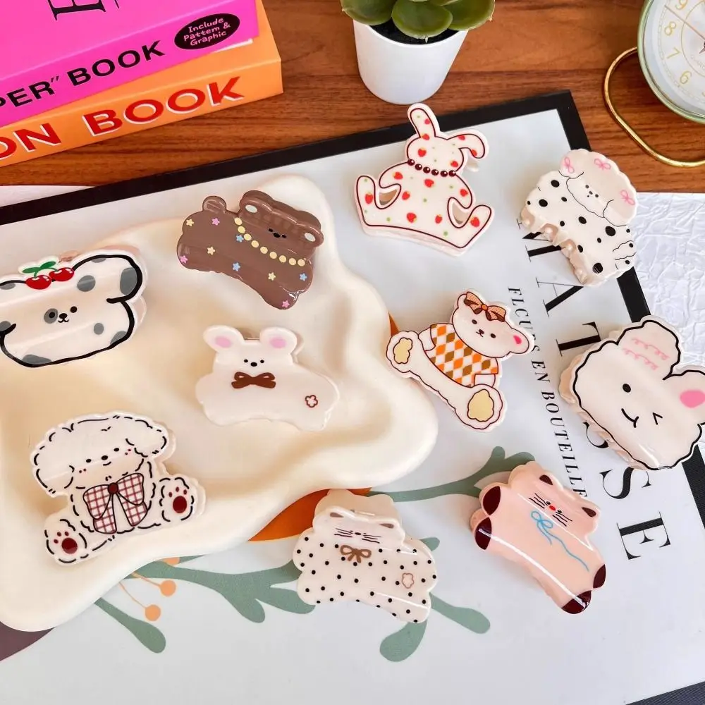 Fashion Acrylic Cartoon Animal Hair Claw Puppy Rabbit Spotted Cat Hair Clip Kawaii Bear Plaid Dog Crab Clip Headdress