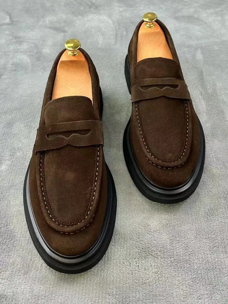 Handmade Men's Shoes Black Luxury Fashionable All-Match Autumn Winter Thick Bottomed Fawn Leather Shoes British Style Loafers