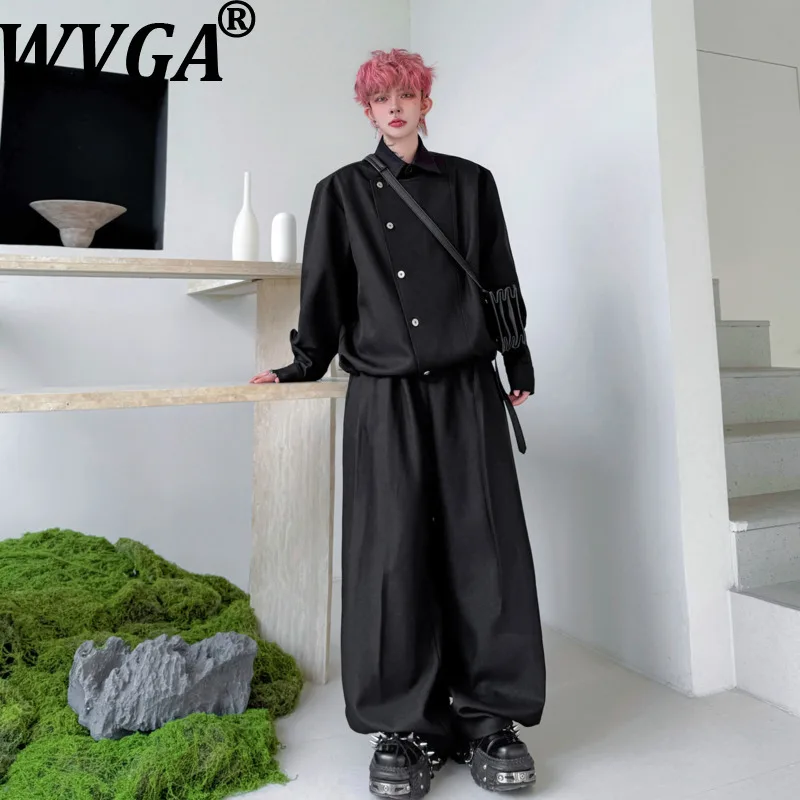 WVGA 2026 Spring New Men's Solid Color Turn-Down Collar Double Placket Jacket Niche Chic Casual Long Pants Two-piece Sets W18878