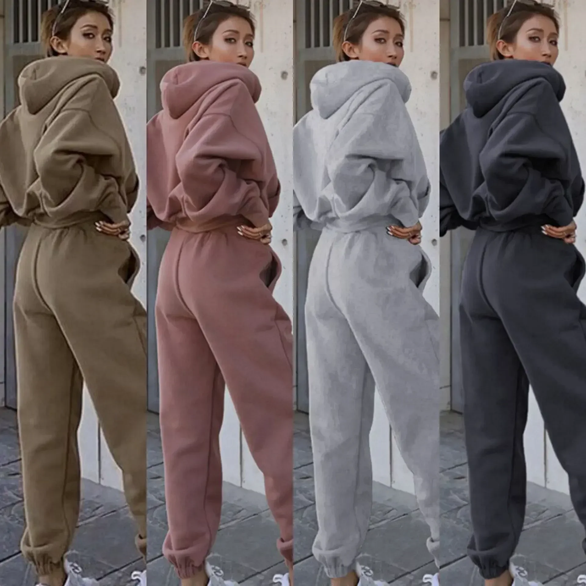 

Women Sports Two Piece Sets Hoodie Trousers Solid Color Hooded Pants Outfits Sweatshirt Suit 2024 Autumn Winter Tracksuit