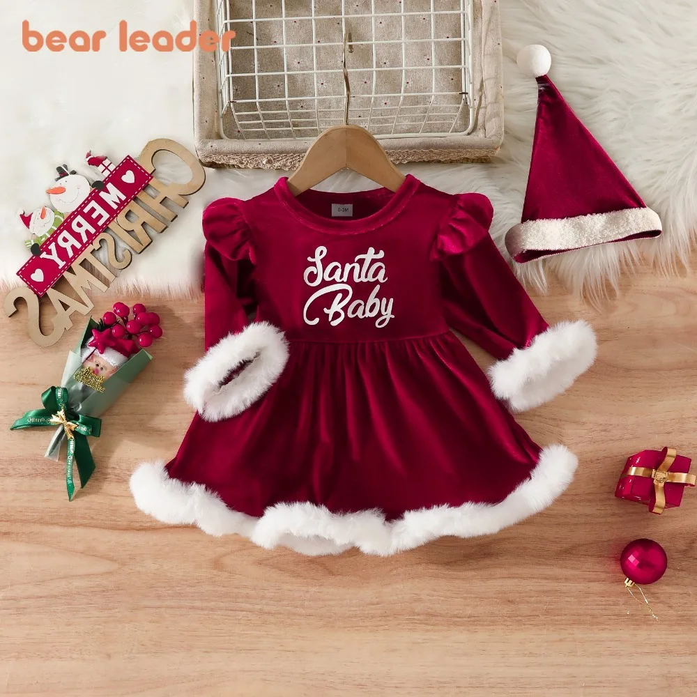 

Bear Leader 0-2 Years Old Autumn and Winter New Red Christmas Baby Dress Letter Printed Long Sleeved Plush Cuffs Girls' Dresses