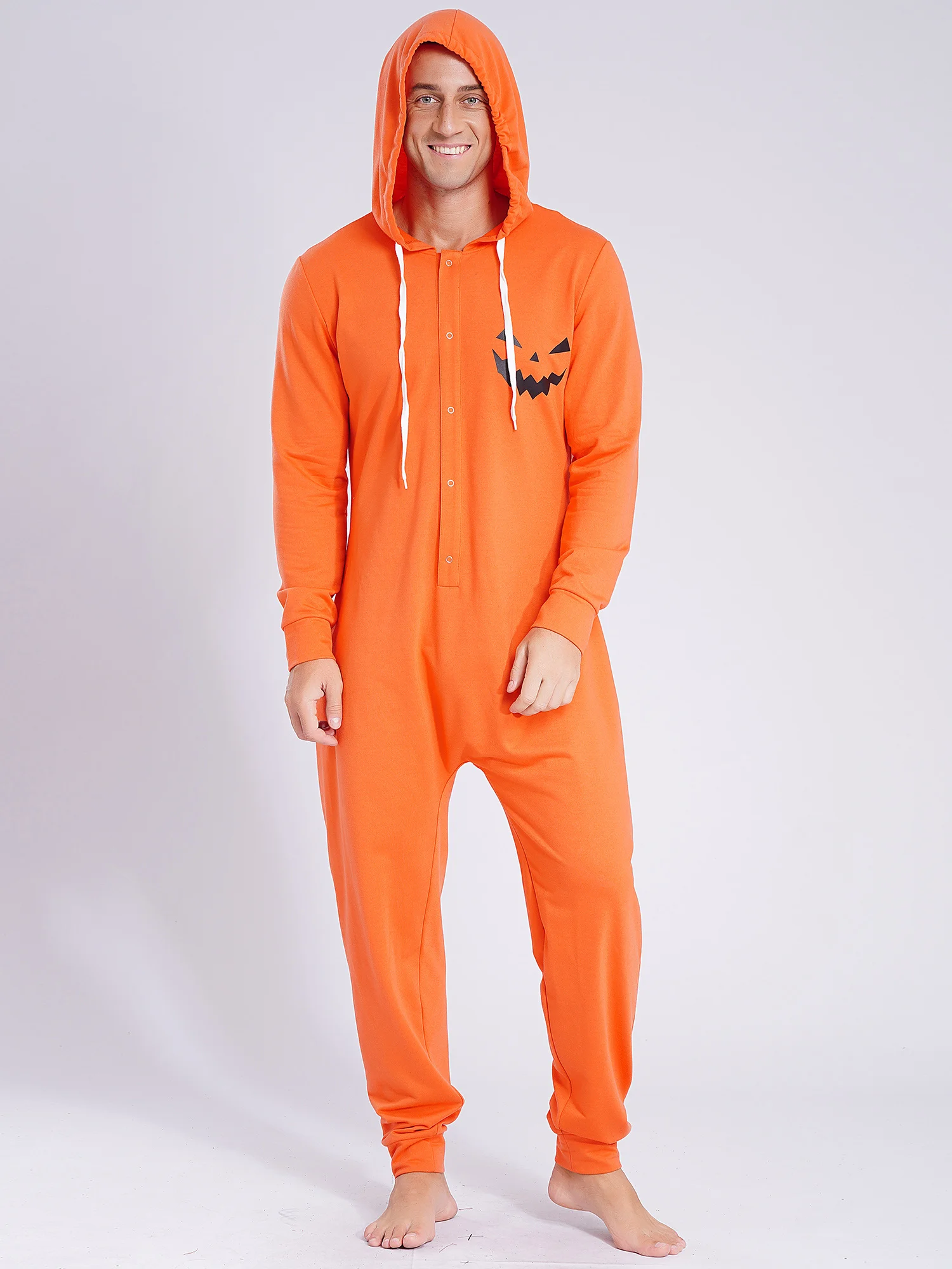 Men Pumpkin Cosplay Costume Hooded Long Sleeve Full Length Bodysuit Halloween Dress Up Party Casual Pajamas Suit