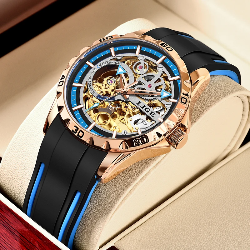 LIGE Brand Luxury Mechanical Man Watch Hollow Automatic Tourbillon Self Winding Silicone Watches Waterproof Casual Sports Clock