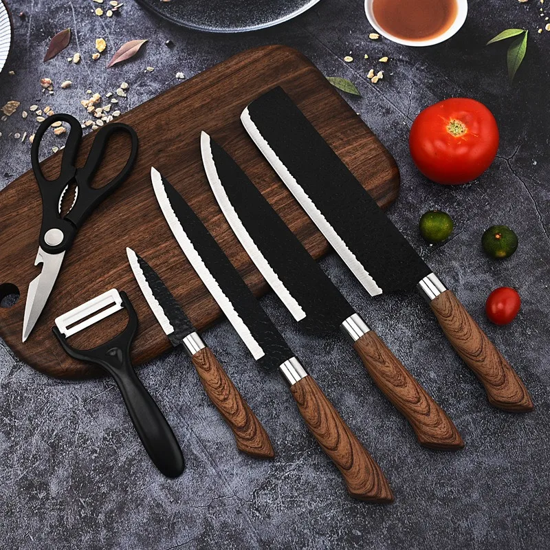 

6pcs Kitchen Knives Set Hammer Pattern Meat Cleaver Household Vegetable Slicing Knife Chef Knife Peeling Knife Kitchen Scissors