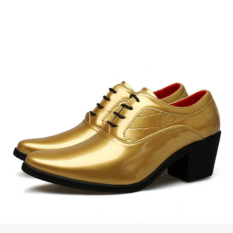 Men Dress Shoes Luxury Patent Leather Casual Leather Shoes Fashion Pointe Heightened Wedding Shoe Gold Shiny Dress Leather Shoes