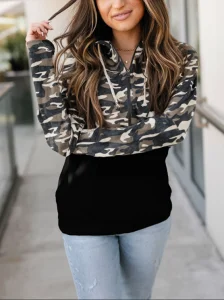 Plus Size 1XL-5XL Women’s Fashion Drawstring Hoodie Ladies Casual Long Sleeve Pocket and Camo Print Women Stitching Hoodie