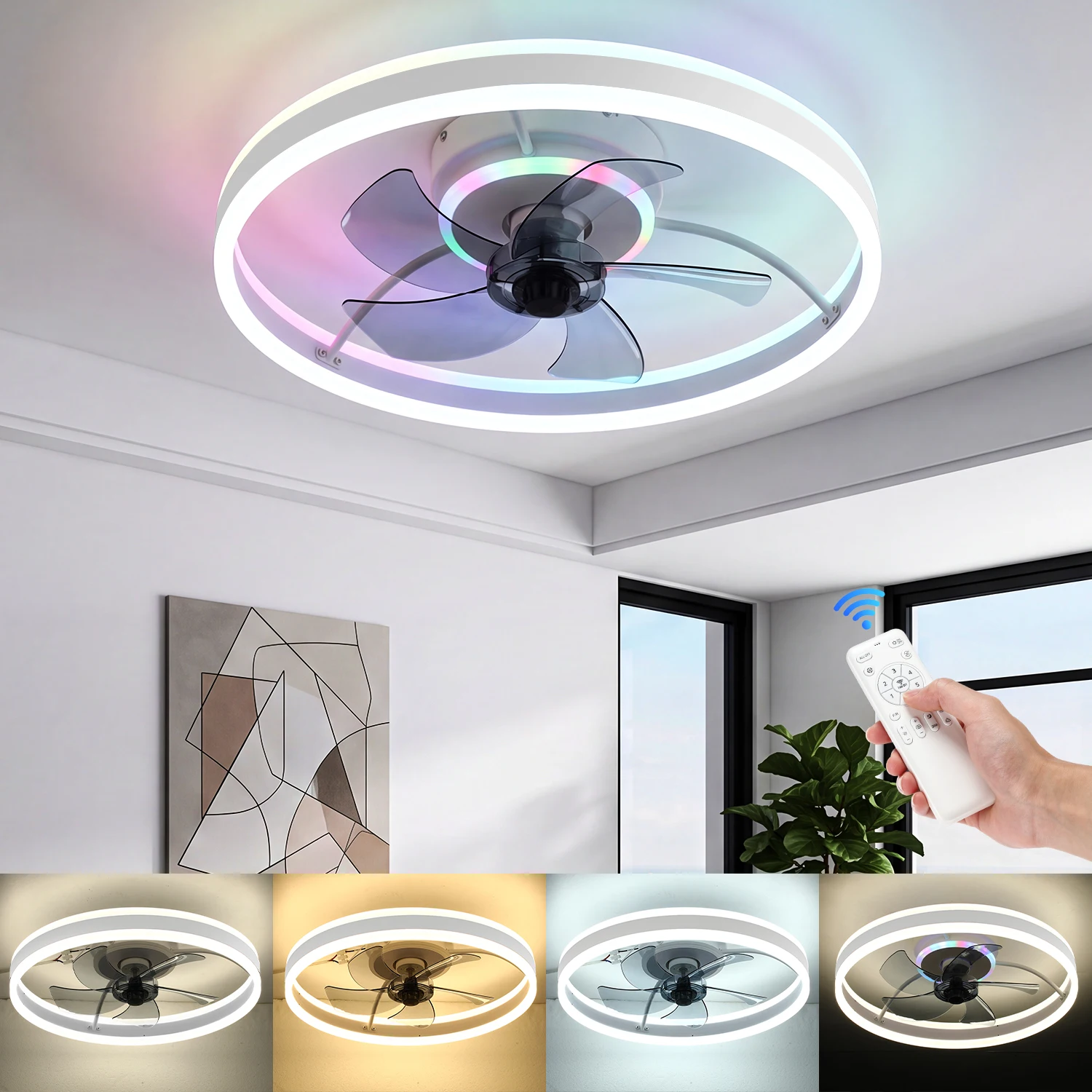 Deckenventilator mit RGB-Beleuchtung, Fernbedienung (APP), dimmbar, 80W LED-Lampe für Schlafzimmer und Wohnzimmer, 6 Windgeschwindigkeiten, Ober- und Unterlicht