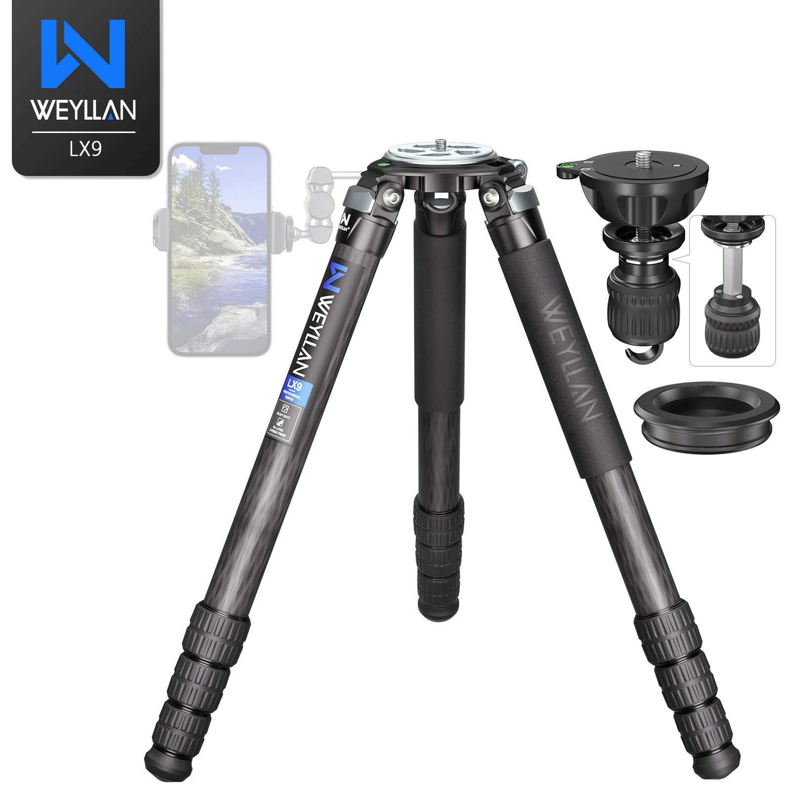 Weyllan LX9 Professional Super Stable Carbon Fiber Heavy Duty Hunting Tripod with 75mm Bowl Adapter 40mm Tube Load 88.2lbs40kg