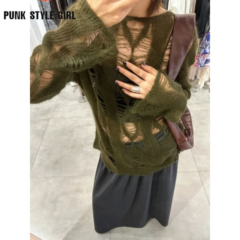 Solidny sweter damski Kpop Y2K Harajuku Dzianina Dziura Kint Wiosna Oversize Sweter Wydrążone Pulowery Vintage Streetwear Gyaru